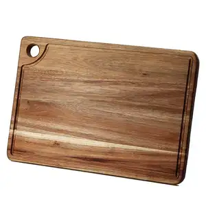 Planche à découper de cuisine maison en bois d'acacia à fentes rectangulaires de haute qualité avec trous et rainure de jus