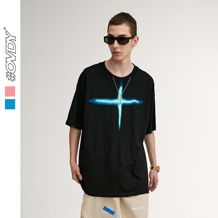 2022 new men's fashion casual spring and summer street fashion personality necklace cross light print loose short sleeves