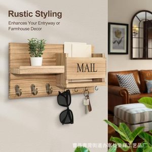 Wooden Wall Mounted Entryway Key Storage Rack Mail Organizer With <b>Hooks</b> And <b>Shelf</b> For Home Use - Product Image 2