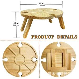 <b>Wooden</b> Outdoor Picnic <b>Table</b> Round <b>Foldable</b> Solid Wood Fruit Storage Tray With Wine Glass Holder - Product Image 5