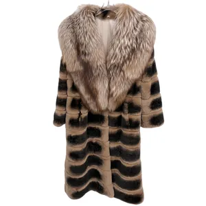 winter warm real chinchilla fur coat Unisex x-long loose genuine chinchilla fur jacket with fox fur collar