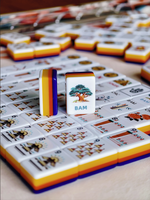 Tuiles de Mahjong pour les Fêtes du 4 juillet, Tuiles de Mahjong rose, bleu et vert style preppy, Tuiles de Mahjong à rayures de tigre et grain de bois, Mahjong américain