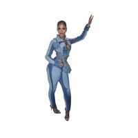 Multi-Pockets Elastic Cargo Jean 2 Piece Pant Set Crop Jacket and Stretchy Cargo Jeans Suits