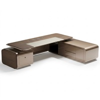 Bureau de direction moderne de luxe Aomige avec plateau en bois, panneau LED, chaise en cuir, bibliothèque, mobilier commercial pour PDG et managers