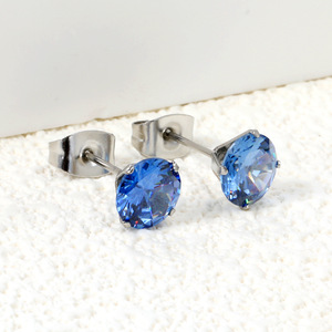 Stainless Steel <b>Stud</b> <b>Earrings</b> Sapphire <b>Blue</b> Round Crystal Claw Setting Everyday Wear For Women - Product Image 1