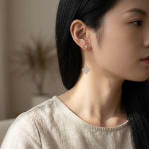 Pendientes de Oro Sólido de 18K con Diseño de Trébol de Cuatro Hojas y Cruz, con Diamantes Naturales, Estilo Vintage, para Mujer - Product Image 5