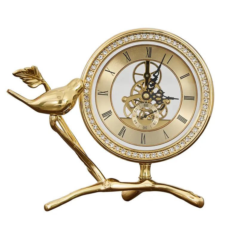 Modern golden luxury household decoration home accessories brass bird desk clock with diamond tabletop home decor table clocks