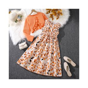 Детские платья для девочек + пальто с длинными рукавами для девочек от 8 до 12 лет оранжевая юбка для девочек с кружевной бабочкой дизайнерские Детские платья - Product Image 1