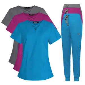 时尚独特设计性感v领医院医生护士工作服带口袋上衣裤子2件套纯色磨砂制服