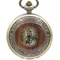Montre de poche mécanique en bronze avec chaîne FOB en bois massif, cadran romain, squelette évidé style steampunk, pour hommes et femmes PJX1396