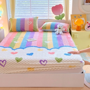 2026 New Cute Rainbow Heart Bubble <strong>Fleece</strong> <strong>Fitted</strong> <strong>Sheet</strong> Set Soft Warm Non-Slip Bed <strong>Sheet</strong> with Pillowcases for Kids Bedroom Winter - Product Image 1