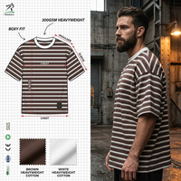 T-shirt rayé marron et blanc RAMAX pour homme, 300 GSM, coton épais, coupe ample, style vintage, vente en gros, fournisseur d'usine