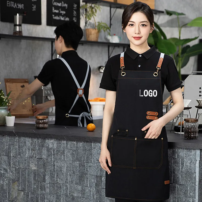 Impermeabile Logo personalizzato donna uomo cameriere cafè bellezza parrucchiere uniforme griglia da lavoro cucina cotone grembiule in tela con tasca