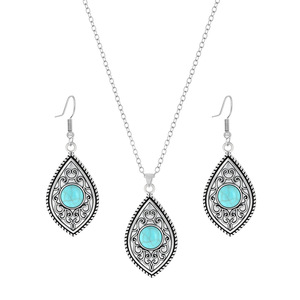 Ensemble de bijoux vintage en argent tibétain, collier et boucles d'oreilles en turquoise en forme de goutte d'eau pour femmes, mode de fête - Product Image 5