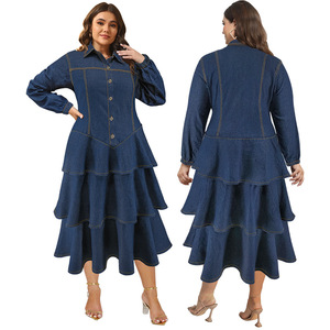 <span class=keywords><strong>Robe</strong></span> en jean grande taille Y218511 de haute qualité pour <span class=keywords><strong>femme</strong></span>, à manches longues, col à revers et volants multicouches, idéale pour l'automne - Product Image 4