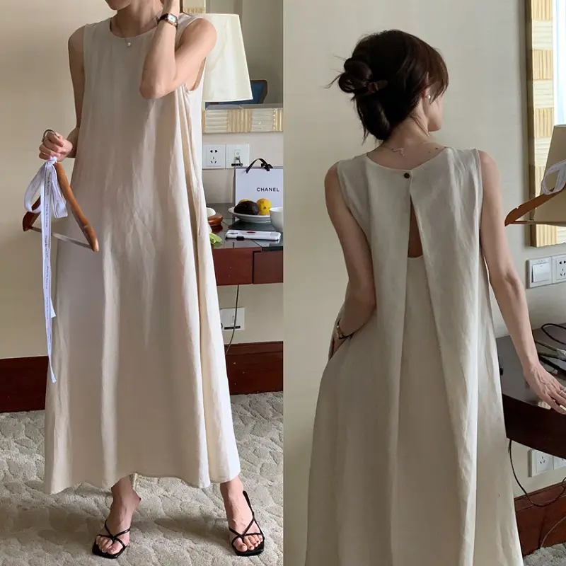 7746 2022 Women Summer Cotton Linen Tank Dress Solid Color French Style Sleeveless Sundress Loose Waist Simple Female Dresses