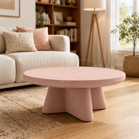 Table basse ronde Ellok, base en forme d'étoile rose clair, table basse à moyenne hauteur, avec finition en daim mat pour salon