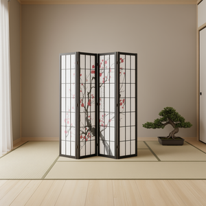 Biombo Plegable de Madera de 4 Paneles Estilo Japonés, Separador de Habitaciones Portátil, Diseño Translúcido con Plantas y Flores Impresas para Decoración del Hogar y Dormitorio - Product Image 2