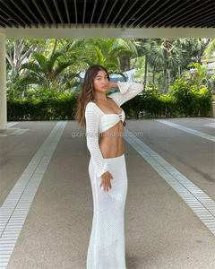 Summer Women's Solid <strong>Crochet</strong> Drawstring Beach Dress Sexy Knitted Strap Tank Top High Waist Wrap <strong>Long</strong> Sleeve <strong>Skirt</strong> Two Piece Set - Product Image 4