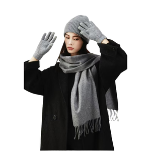 Autumn Winter 100% <b>Wool</b> Three-Piece Set Plain Soft Knitted Hat Long <b>Scarf</b> Gloves Boutique High Quality Warm Gift Box Adult - Product Image 1