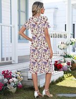 Robe midi décontractée d'été pour femmes, à manches courtes, coupe évasée, avec poches, col en V, motif floral, pour la plage, lavable