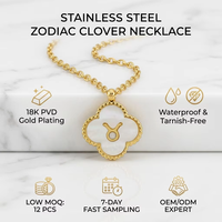 Collier en acier inoxydable plaqué or 18 carats PVD, testé étanche, motif trèfle du zodiaque, nacre
