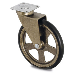 Camarena swivel caster, rubber rim, d105, plastic, bronze, max. <b>10kg</b>. <b>Plate</b> 50x50. h123. - Product Image 1