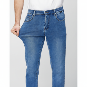 Nuevas llegadas de alta calidad suavizante de algodón recto Mid Denim Tag desgastado lavado de colores High Street Jeans para hombres - Product Image 1