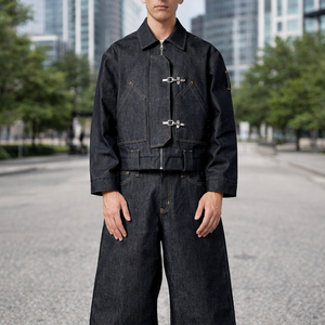 Giacche da uomo in <span class=keywords><strong>denim</strong></span> selvedge con passanti larghi personalizzati sul bordo, chiusure robuste stile pompiere, taglio squadrato, in <span class=keywords><strong>denim</strong></span> grezzo di cotone, vestibilità cropped - Product Image 2