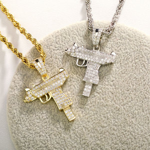 高品質UZIガンペンダントネックレスヒップホッププロングセッティングフルCZダイヤモンドゴールドメッキペンダント男性用 - Product Image 6