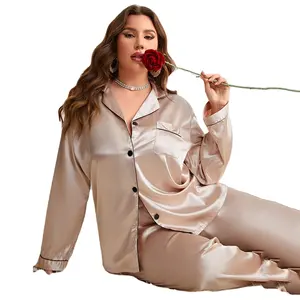2024 PJs For Womens Silk Satin Pajamas Long Sleeve Pj Sets Soft Sleepwear Silky Button-down Loungewear Plus Size XL~5XL