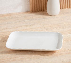 Plato rectangular de cerámica con borde ondulado tipo calabaza, nuevo diseño, 26*16*2.6cm, plato de servir de porcelana blanca para hotel y restaurante - Product Image 5