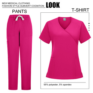 Women's Scrub Set Short Sleeve Knitted Split Uniform For Dental Hospital Beauty Salon Workwear With Label Size S XXL - Product Image 5