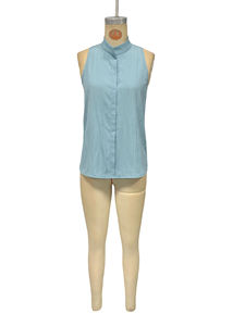 Women's Sleeveless Mandarin Collar Blouse - V-Neck Button Front Casual <b>Top</b> Shirt Fashion - Product Image 5