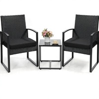 Ensemble bistrot 3 pièces en osier moderne pour extérieur, 2 chaises et table basse, pour balcon, véranda, jardin, cour, bord de piscine, cadre noir et coussins