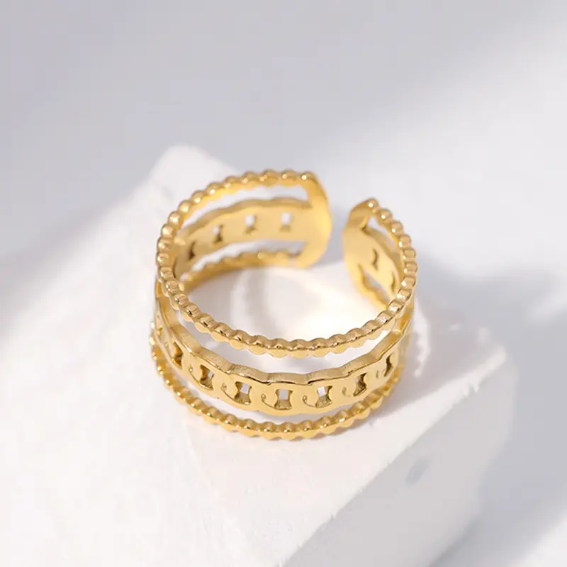 Trendy Minimalist Stainless Steel 18K High Quality Resizable Cuff Gold Three Wire System Adjustable Rings Jewelry Women
