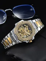Montre automatique pour homme LONGLUX, montre-bracelet mécanique de luxe en acier inoxydable, squelette, étanche, avec diamants, vente en gros