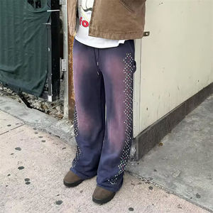 بنطال رياضي قطن فضفاض مخصص بنطال رياضي للرجال بمشقة الشمس تلاشى غسل حمض خمر حجر الراين المسار السراويل العرق - Product Image 2