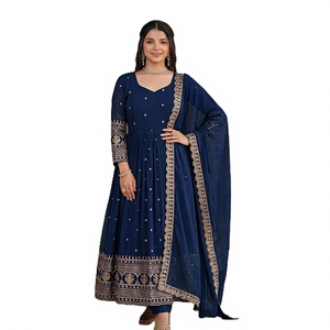 Vestido Tradicional Indio de Boda Salwar Kameez Anarkali, Largo hasta el Suelo, Azul, con Bordado, de Seda, Corte Holgado para Mujer - Product Image 1