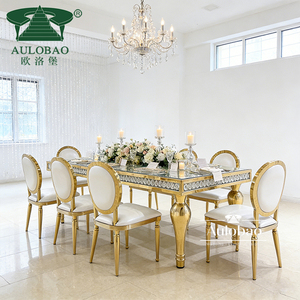 Hotel Hall Tempered Glass Top Stainless Steel Gold Wedding <b>Tables</b> With Crystal - Product Image 1