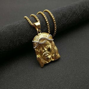 Collier pendentif visage de Jésus plaqué or, en acier inoxydable avec sertissage pavé, bijou unisexe, cadeau, chaîne - Product Image 5