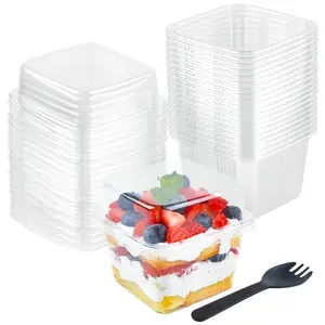 8 Oz Clear Dessert Cups With Lids Sporks Square Plastic Containers Freezer Safe Disposable Recycle Cake Cup