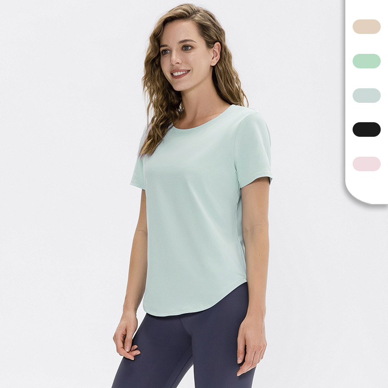 Womens Solid Color Yoga T-shirts with Custom Logo Polyester Blending Lightweight Breathable Sports T-shirts