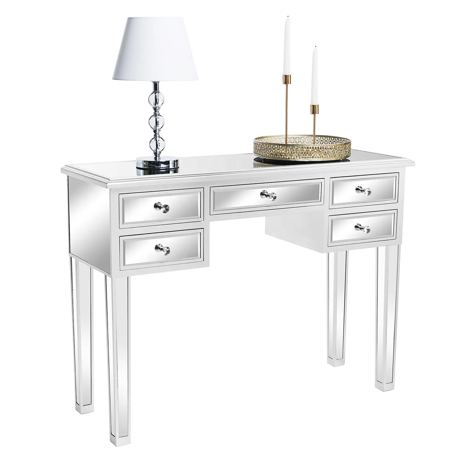 Modern 5 Drawer Mirrored Dresser Silver Console Table Mirrored Vanity Desk for Makeup