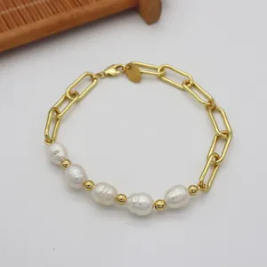 Bracelet en acier inoxydable plaqué or 14k pour femme, boucle jaune or, perle d'eau douce, naturelle