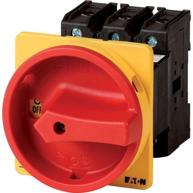 Eaton P3 Series Main Switch, P3, 63 A, Rear Mounting, 3 Pole, With Red Rotary Handle and Yellow Locking Ring