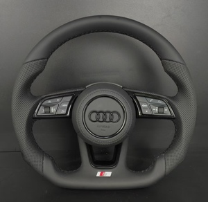 Volant de direction pour <span class=keywords><strong>Audi</strong></span> A3 A4 A5 A6 Q3 Q5 R8 <span class=keywords><strong>TT</strong></span> Q7 S-line |   Cuir Nappa & Perforé |   Volant sport à fond plat - Product Image 1
