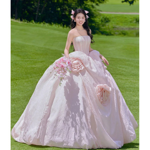 Pink Strapless Ball Gown Wedding Dress Tulle Natural Waistline For Studio Photography - Product Image 1