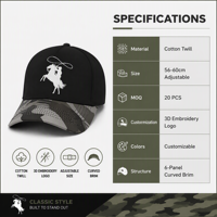 Casquette de baseball western personnalisée brodée, visière camouflage, réglable, en sergé de coton, faible MOQ 20 pièces, vente en gros usine