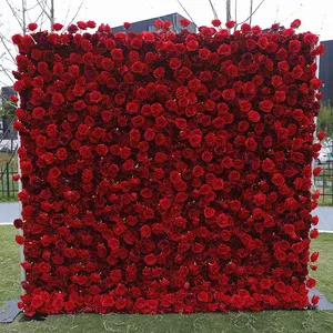 कस्टम 3 डी कपड़े के कपड़े फ्लैवरवॉल पृष्ठभूमि पैनल शादी घर के सजावट बर्गंडी लाल कृत्रिम रेशम गुलाब फूल की दीवार जिपर के साथ